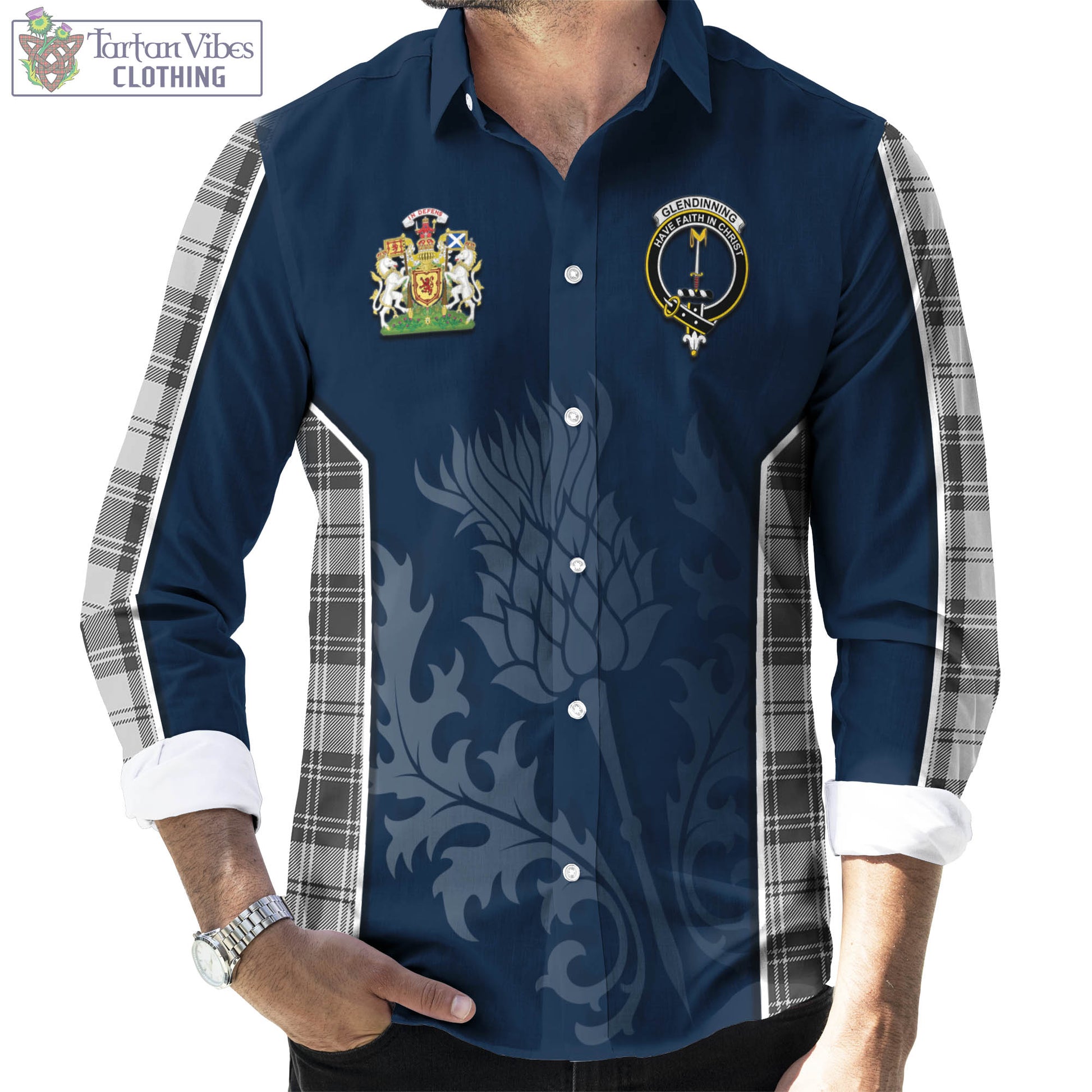 Glendinning Tartan Long Sleeve Button Up Shirt with Family Crest and Scottish Thistle Vibes Sport Style - Tartan Vibes Clothing