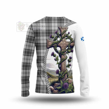 Glendinning Tartan Long Sleeve T-Shirt with Family Crest and St. Andrew's Cross Accented by Thistle Vines - Tartan Vibes Clothing