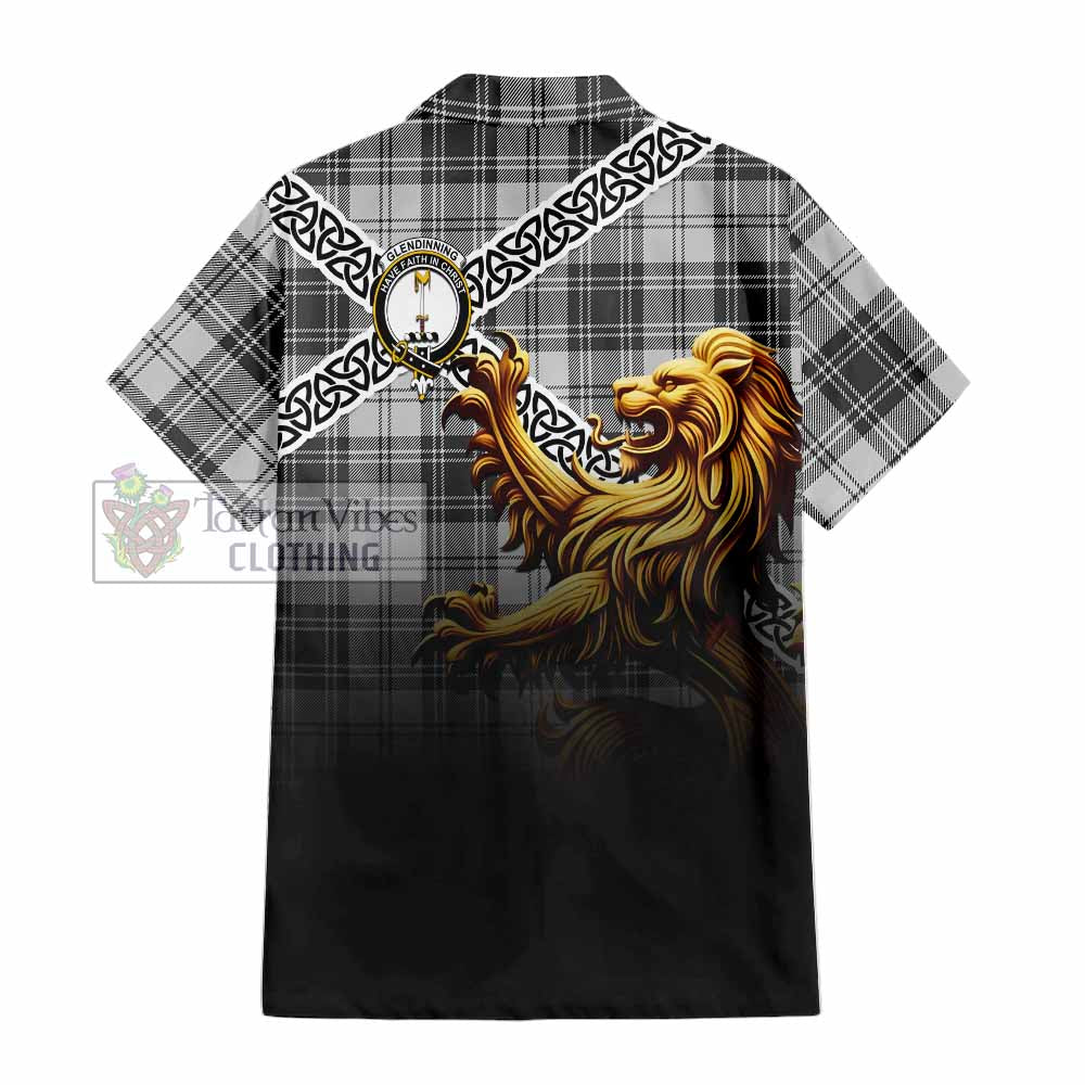 Glendinning Crest Tartan Hawaiian Shirt with Golden Lion Emblem Celtic Style - Tartan Vibes Clothing