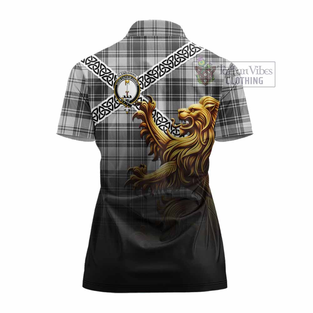 Glendinning Crest Tartan Women's Polo Shirt with Golden Lion Emblem Celtic Style - Tartan Vibes Clothing