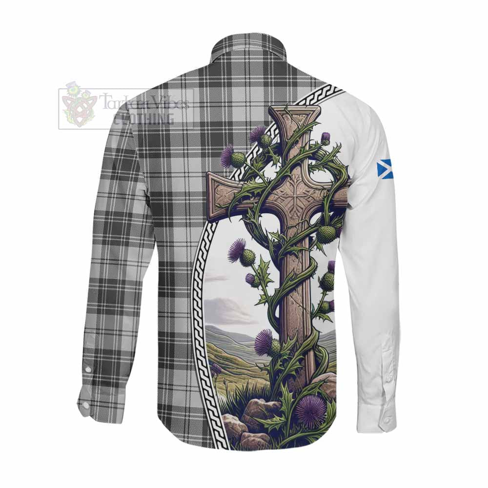 Glendinning Tartan Long Sleeve Button Shirt with Family Crest and St. Andrew's Cross Accented by Thistle Vines Men's Shirt - Tartan Vibes Clothing