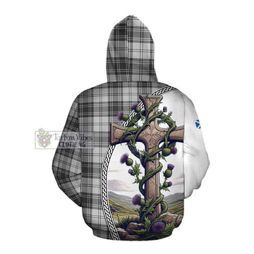 Glendinning Tartan Cotton Hoodie with Family Crest and St. Andrew's Cross Accented by Thistle Vines Pullover Hoodie - Tartan Vibes Clothing