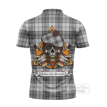 Glendinning Tartan Zipper Polo Shirt with Family Crest and Bearded Skull Holding Bottles of Whiskey - Tartan Vibes Clothing