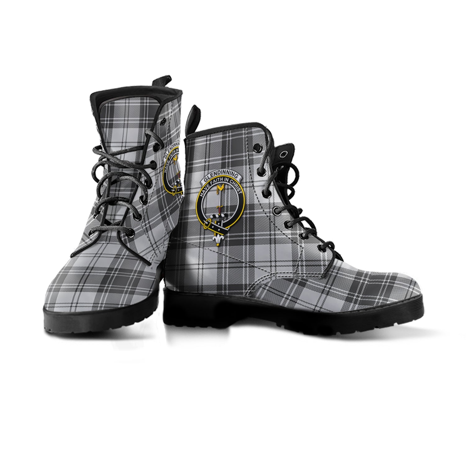 Glendinning Tartan Leather Boots with Family Crest - Tartan Vibes Clothing