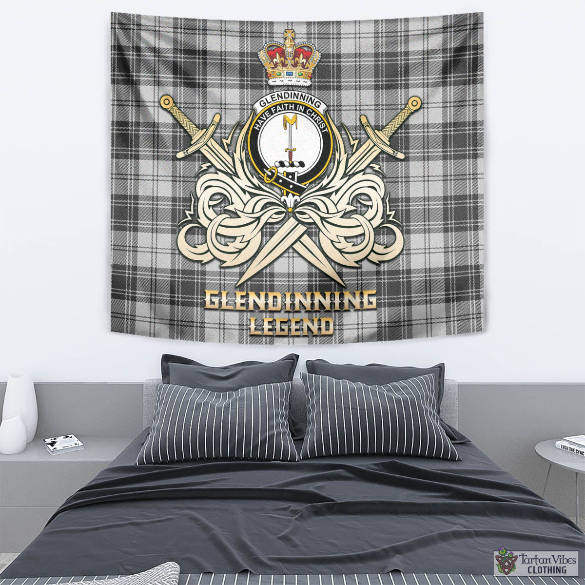 Glendinning Tartan Tapestry with Clan Crest and the Golden Sword of Courageous Legacy - Tartan Vibes Clothing