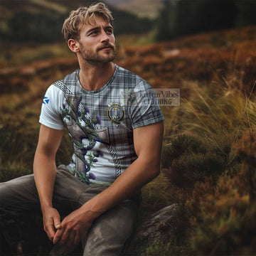 Glendinning Tartan T-Shirt with Family Crest and St. Andrew's Cross Accented by Thistle Vines - Tartan Vibes Clothing