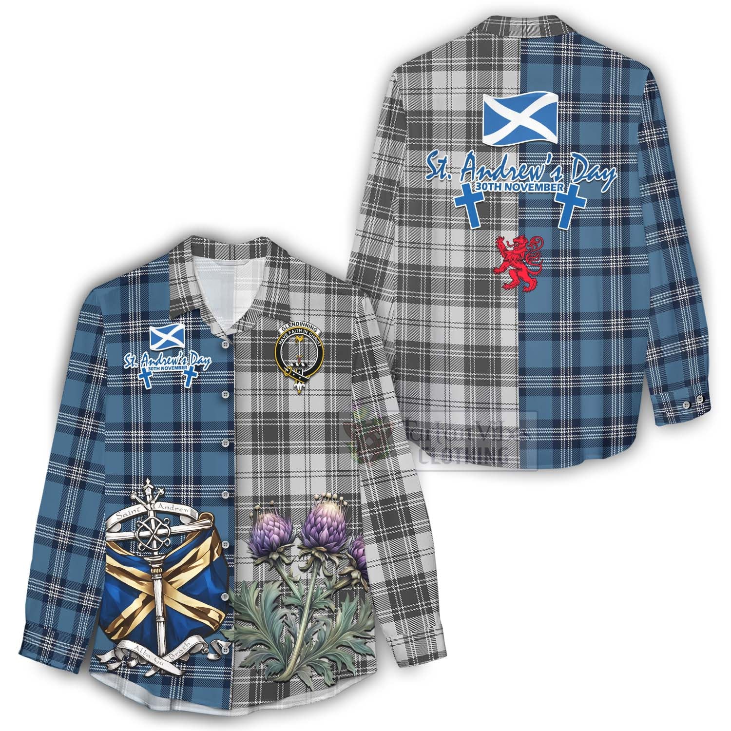 Glendinning Tartan Women's Casual Shirt Happy St. Andrew's Day Half Tartan Style - Tartan Vibes Clothing
