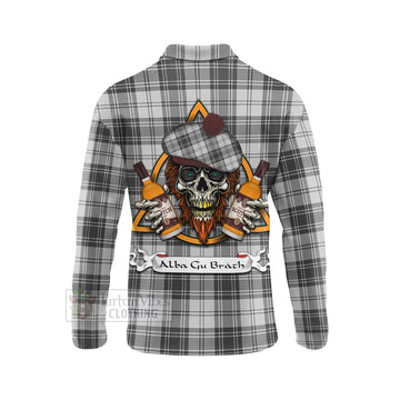 Glendinning Tartan Long Sleeve Polo Shirt with Family Crest and Bearded Skull Holding Bottles of Whiskey - Tartan Vibes Clothing