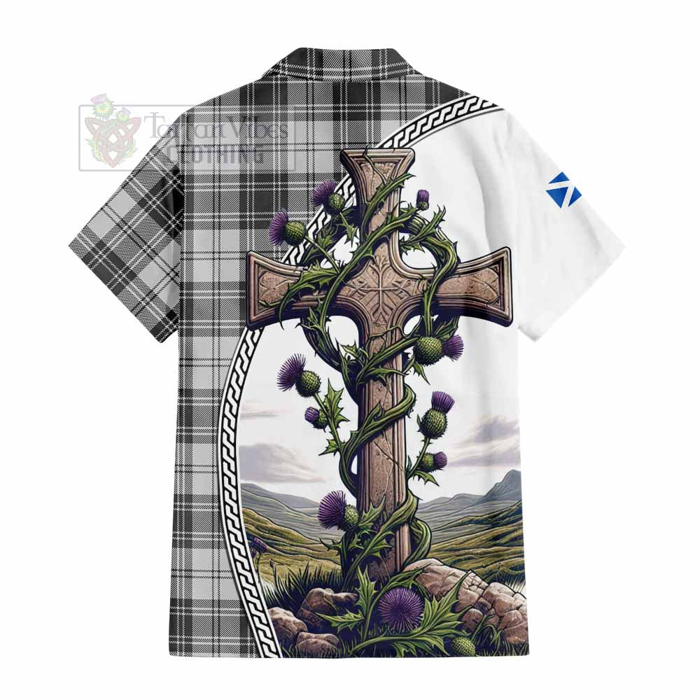 Glendinning Tartan Hawaiian Shirt with Family Crest and St. Andrew's Cross Accented by Thistle Vines - Tartan Vibes Clothing