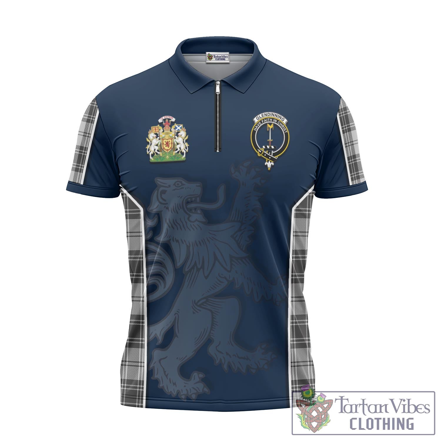 Tartan Vibes Clothing Glendinning Tartan Zipper Polo Shirt with Family Crest and Lion Rampant Vibes Sport Style
