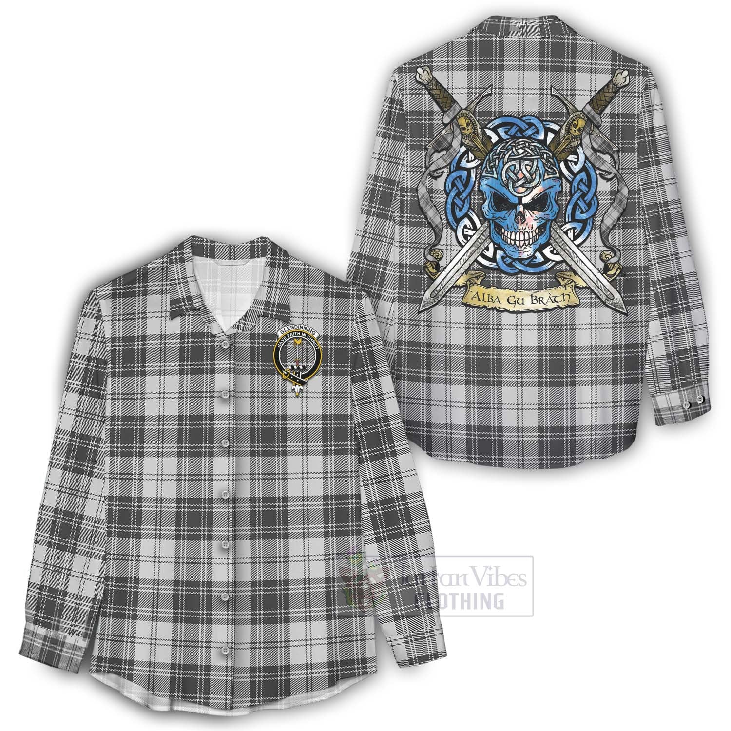 Glendinning Tartan Women's Casual Shirt with Family Crest Celtic Skull Style - Tartan Vibes Clothing