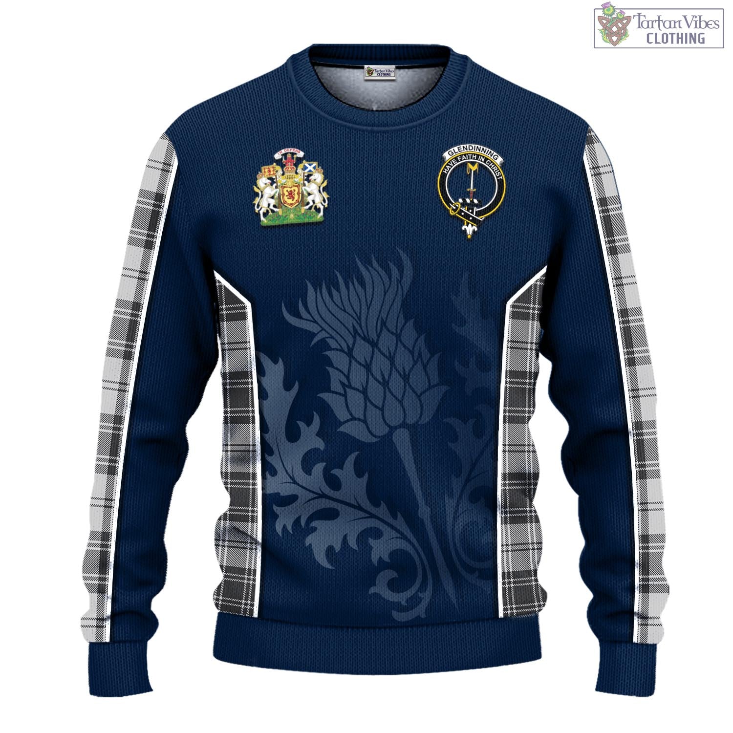 Glendinning Tartan Knitted Sweatshirt with Family Crest and Scottish Thistle Vibes Sport Style - Tartan Vibes Clothing