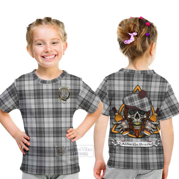 Glendinning Tartan Kid T-Shirt with Family Crest and Bearded Skull Holding Bottles of Whiskey - Tartan Vibes Clothing