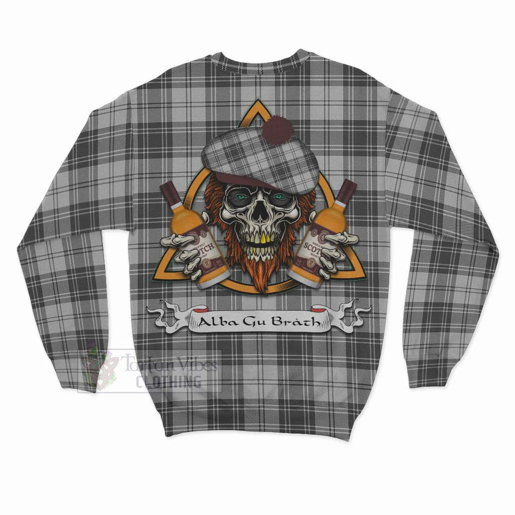 Glendinning Tartan Sweatshirt with Family Crest and Bearded Skull Holding Bottles of Whiskey - Tartan Vibes Clothing