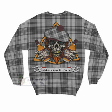 Glendinning Tartan Sweatshirt with Family Crest and Bearded Skull Holding Bottles of Whiskey - Tartan Vibes Clothing