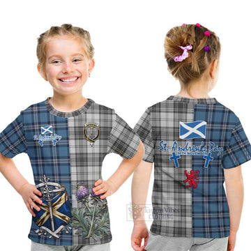 Glendinning Tartan Kid T-Shirt Happy St. Andrew's Day Half Tartan Style - Tartan Vibes Clothing