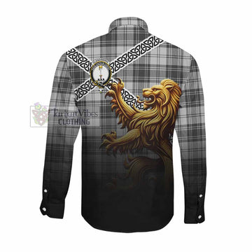 Glendinning Crest Tartan Long Sleeve Button Shirt with Golden Lion Emblem Celtic Style Men's Shirt - Tartan Vibes Clothing