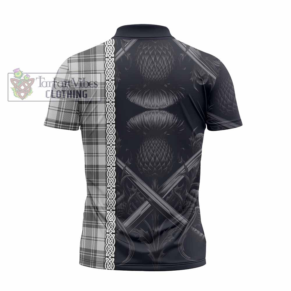 Glendinning Tartan Zipper Polo Shirt with Family Crest Cross Sword Thistle Celtic Vibes - Tartan Vibes Clothing