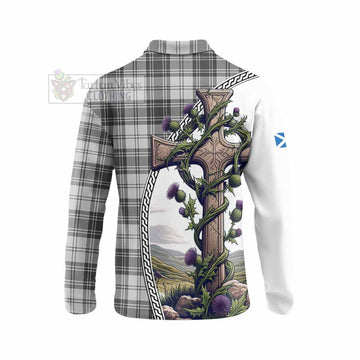 Glendinning Tartan Long Sleeve Polo Shirt with Family Crest and St. Andrew's Cross Accented by Thistle Vines - Tartan Vibes Clothing