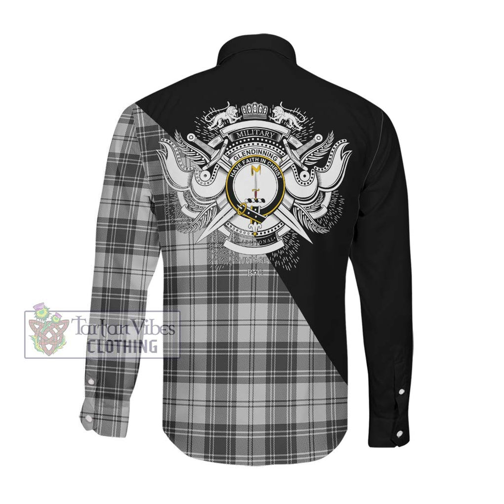 Glendinning Tartan Long Sleeve Button Shirt with Family Crest and Military Logo Style Men's Shirt - Tartanvibesclothing Shop