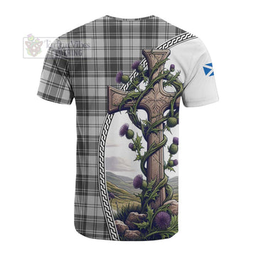 Glendinning Tartan Cotton T-shirt with Family Crest and St. Andrew's Cross Accented by Thistle Vines