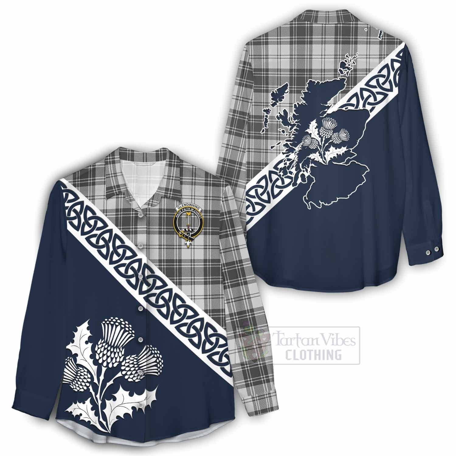Glendinning Tartan Women's Casual Shirt Featuring Thistle and Scotland Map - Tartan Vibes Clothing