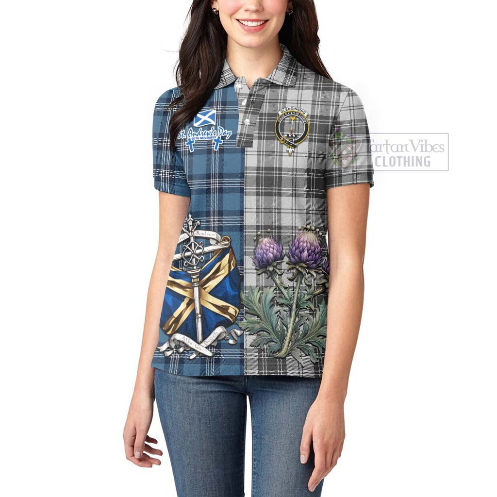 Glendinning Tartan Women's Polo Shirt Happy St. Andrew's Day Half Tartan Style - Tartan Vibes Clothing