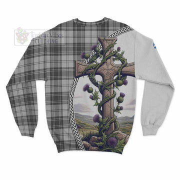 Glendinning Tartan Sweatshirt with Family Crest and St. Andrew's Cross Accented by Thistle Vines - Tartan Vibes Clothing