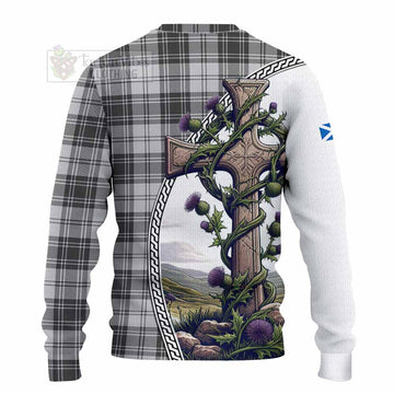 Glendinning Tartan Knitted Sweater with Family Crest and St. Andrew's Cross Accented by Thistle Vines - Tartan Vibes Clothing