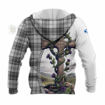 Glendinning Tartan Knitted Hoodie with Family Crest and St. Andrew's Cross Accented by Thistle Vines - Tartan Vibes Clothing