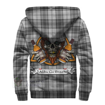 Glendinning Tartan Sherpa Hoodie with Family Crest and Bearded Skull Holding Bottles of Whiskey - Tartan Vibes Clothing