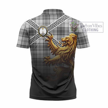 Glendinning Crest Tartan Zipper Polo Shirt with Golden Lion Emblem Celtic Style - Tartan Vibes Clothing