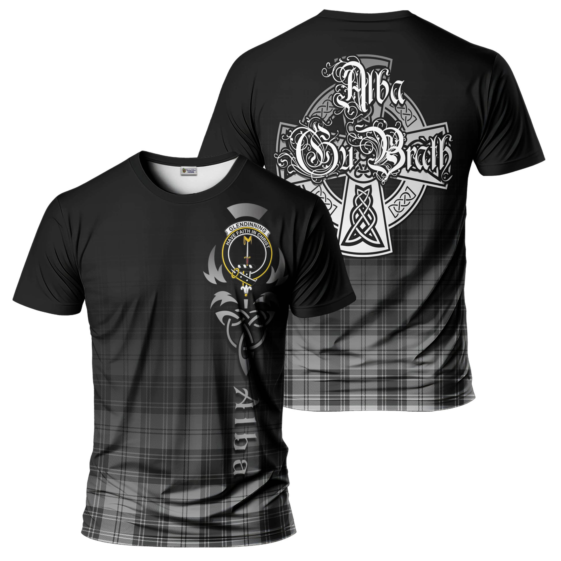 Glendinning Tartan T-Shirt Featuring Alba Gu Brath Family Crest Celtic Inspired - Tartan Vibes Clothing