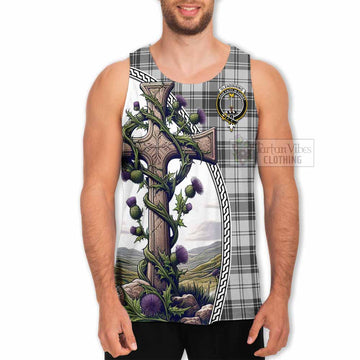 Glendinning Tartan Men's Tank Top with Family Crest and St. Andrew's Cross Accented by Thistle Vines - Tartan Vibes Clothing