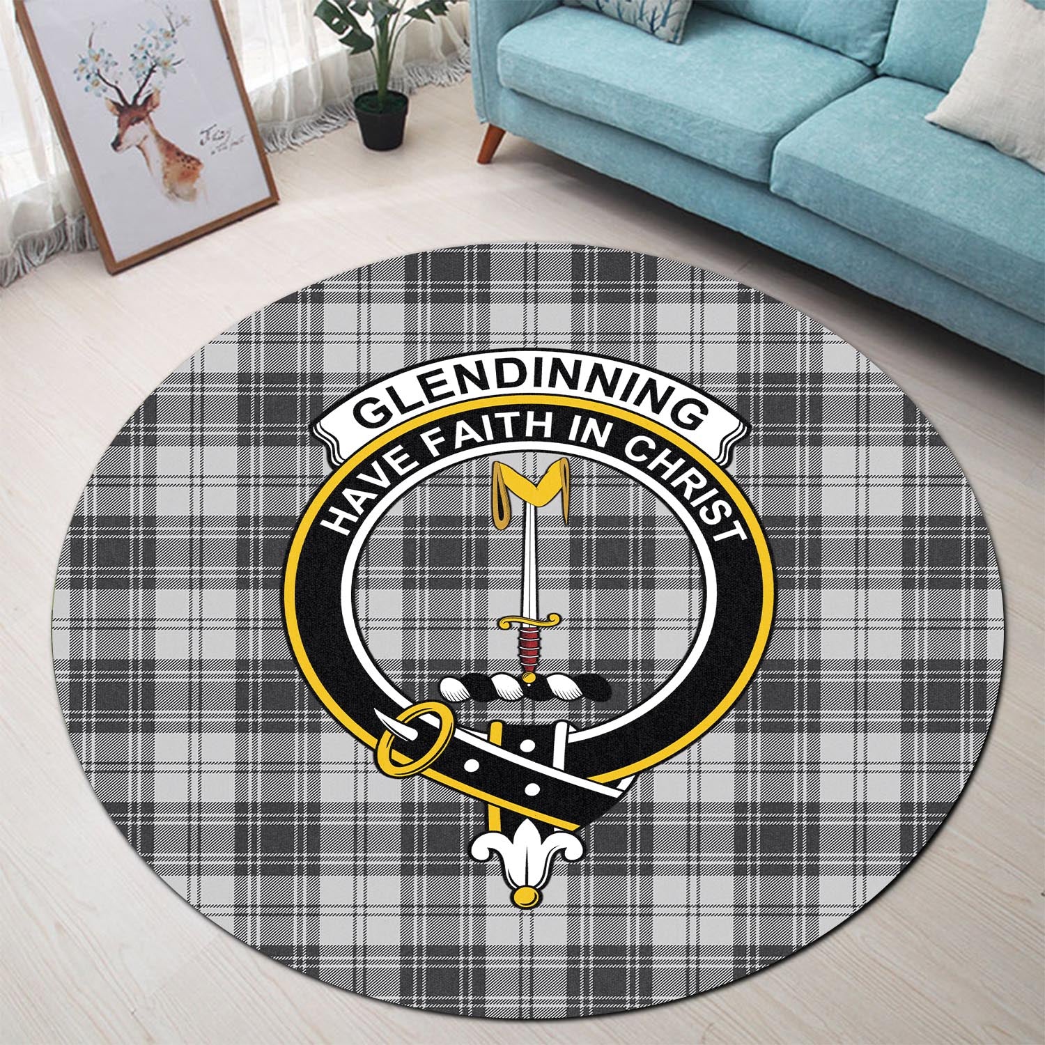 Glendinning Tartan Round Rug with Family Crest - Tartan Vibes Clothing