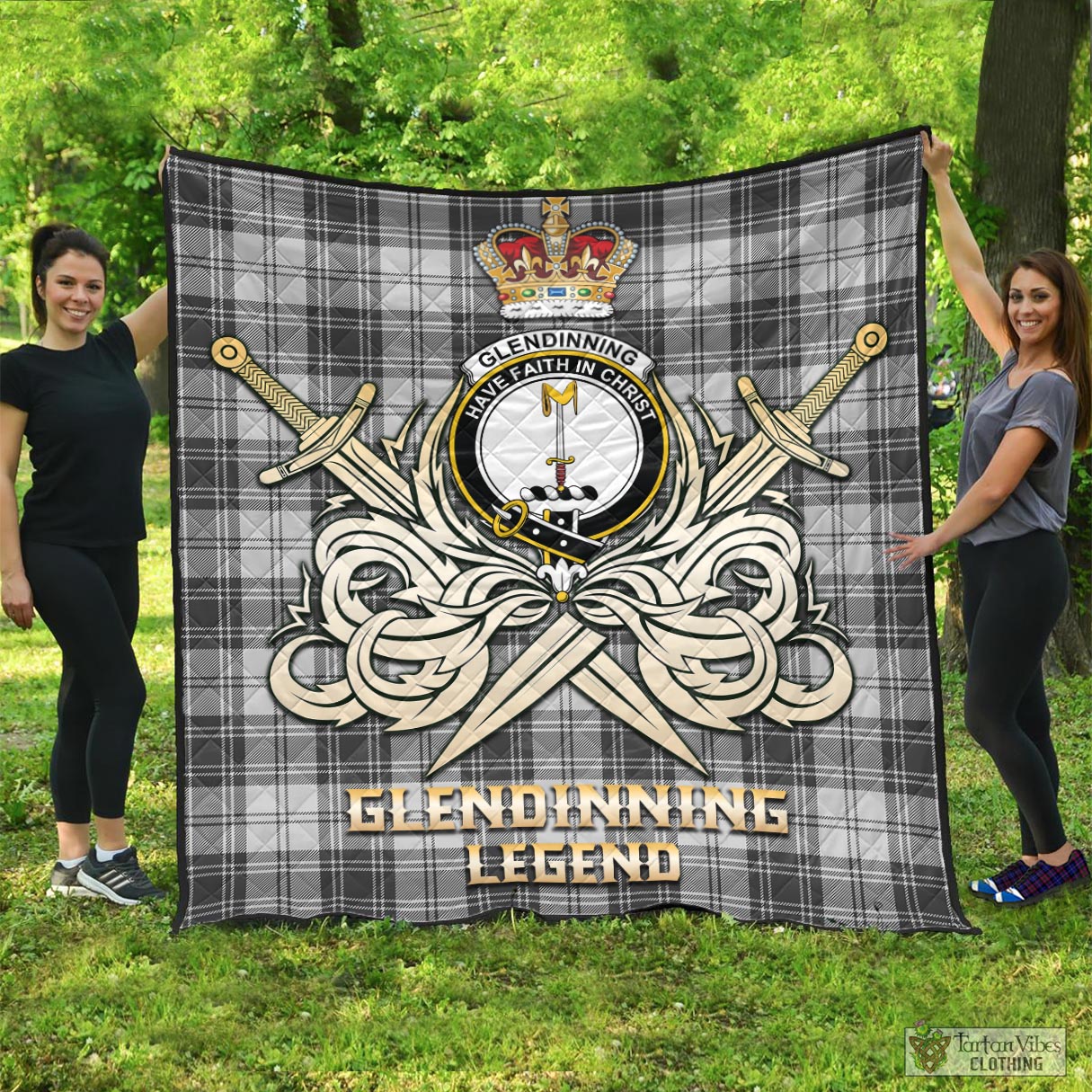 Glendinning Tartan Quilt with Clan Crest and the Golden Sword of Courageous Legacy - Tartan Vibes Clothing