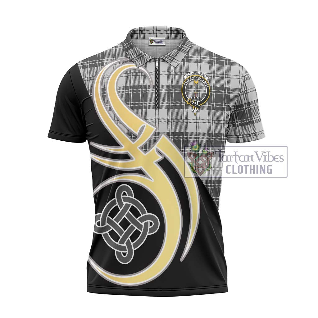 Glendinning Tartan Zipper Polo Shirt with Family Crest and Celtic Symbol Style - Tartan Vibes Clothing