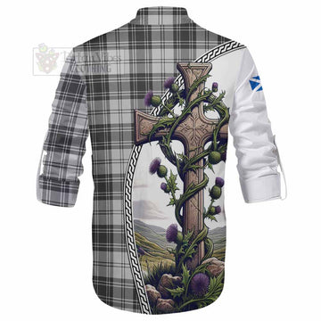 Glendinning Tartan Ghillie Kilt Shirt with Family Crest and St. Andrew's Cross Accented by Thistle Vines - Tartan Vibes Clothing