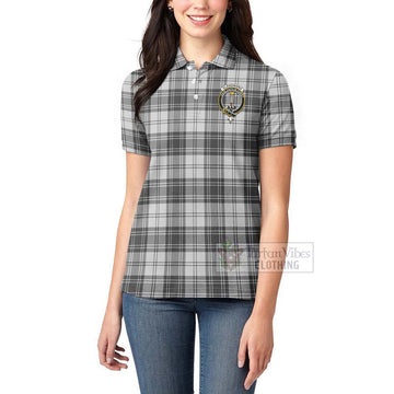 Glendinning Tartan Women's Polo Shirt with Family Crest and Bearded Skull Holding Bottles of Whiskey - Tartan Vibes Clothing