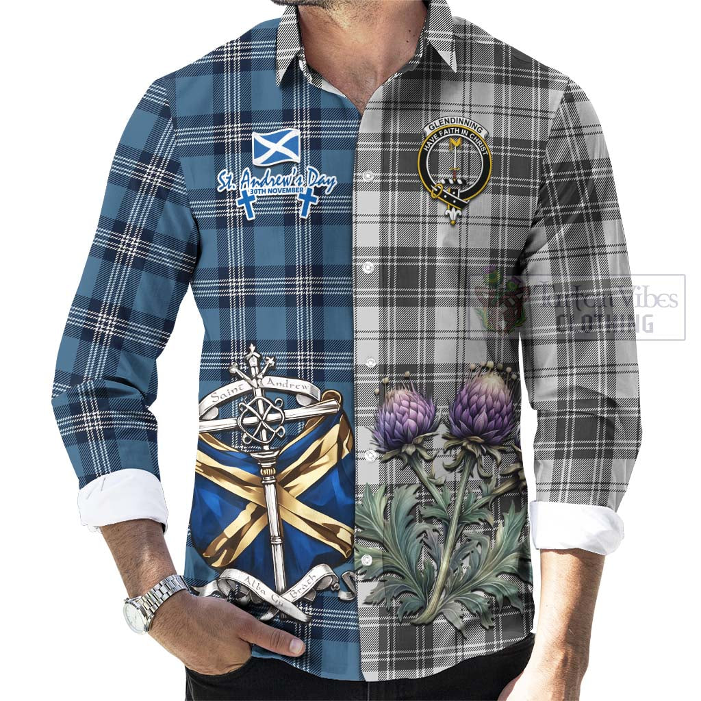 Glendinning Tartan Long Sleeve Button Shirt Happy St. Andrew's Day Half Tartan Style - Tartan Vibes Clothing