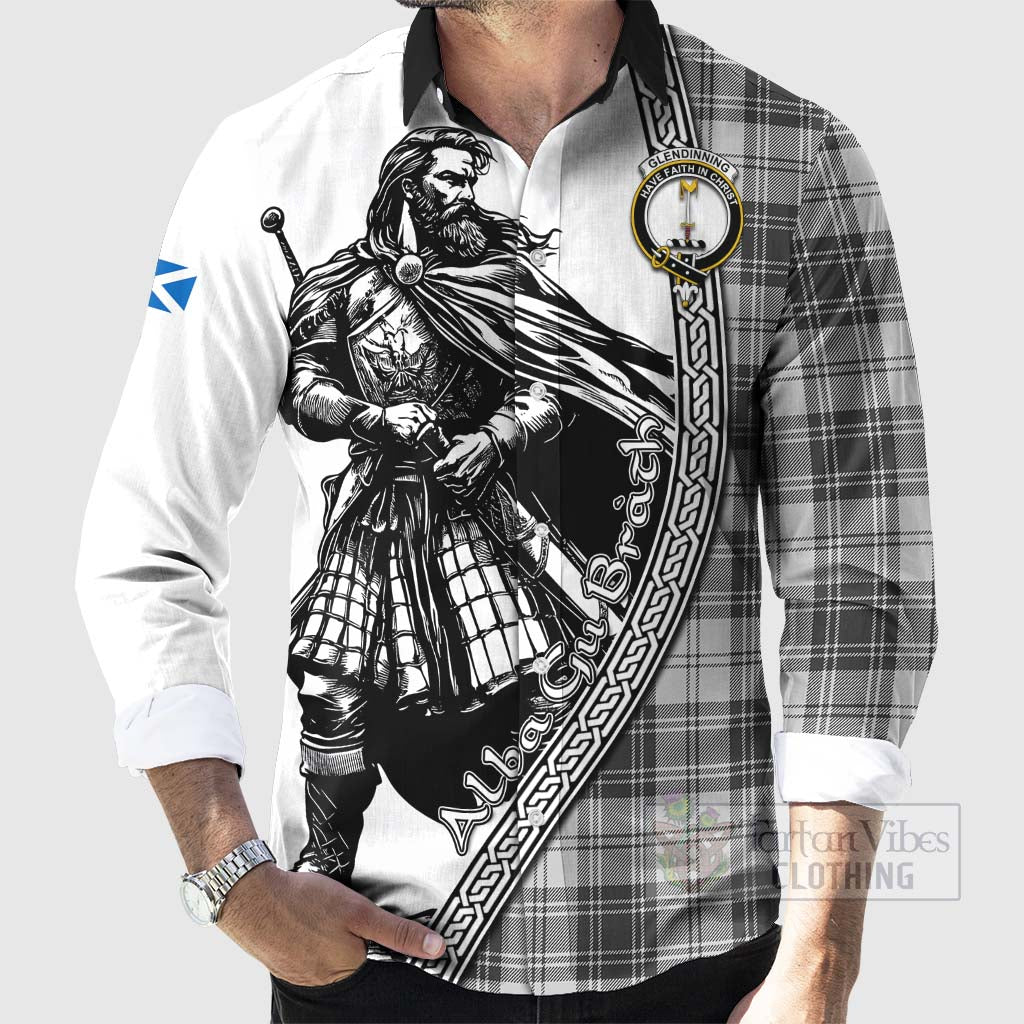 Glendinning Tartan Clan Crest Long Sleeve Button Shirt with Highlander Warrior Celtic Style - Tartan Vibes Clothing