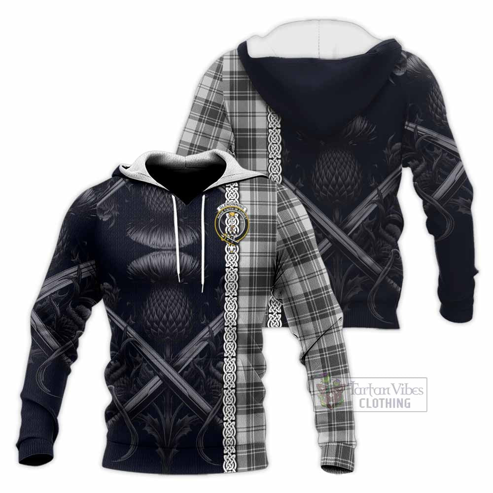 Glendinning Tartan Knitted Hoodie with Family Crest Cross Sword Thistle Celtic Vibes - Tartan Vibes Clothing