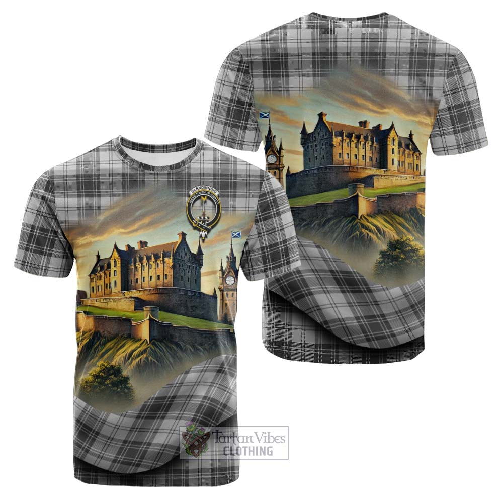 Tartan Vibes Clothing Glendinning Tartan Family Crest Cotton T-shirt with Scottish Ancient Castle Style