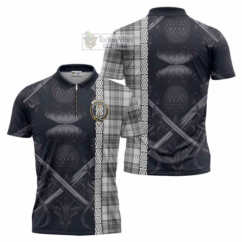 Glendinning Tartan Zipper Polo Shirt with Family Crest Cross Sword Thistle Celtic Vibes - Tartan Vibes Clothing