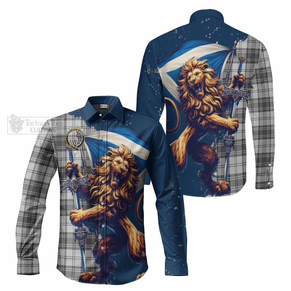 Glendinning Tartan Family Crest Long Sleeve Button Shirt with Scottish Majestic Lion - Tartan Vibes Clothing