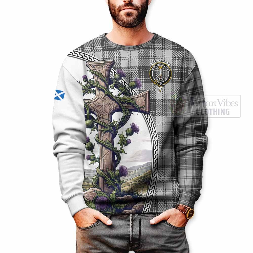 Glendinning Tartan Sweatshirt with Family Crest and St. Andrew's Cross Accented by Thistle Vines - Tartan Vibes Clothing