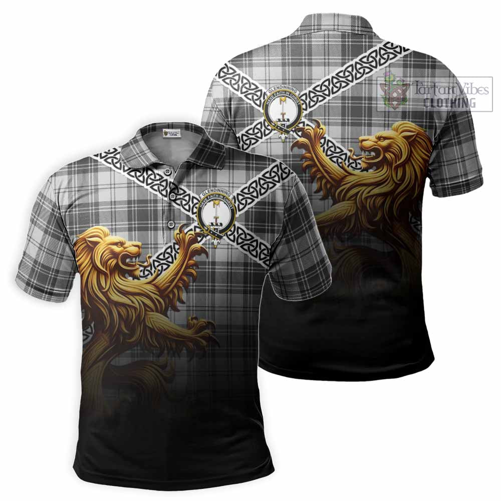 Glendinning Crest Tartan Polo Shirt with Golden Lion Emblem Celtic Style - Tartan Vibes Clothing