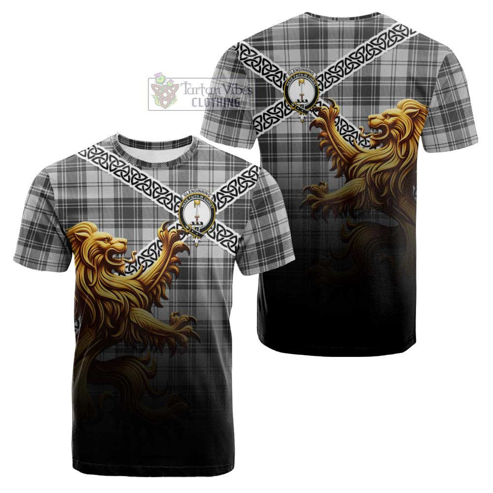 Tartan Vibes Clothing Glendinning Crest Tartan Cotton T-shirt with Golden Lion Emblem Celtic Style