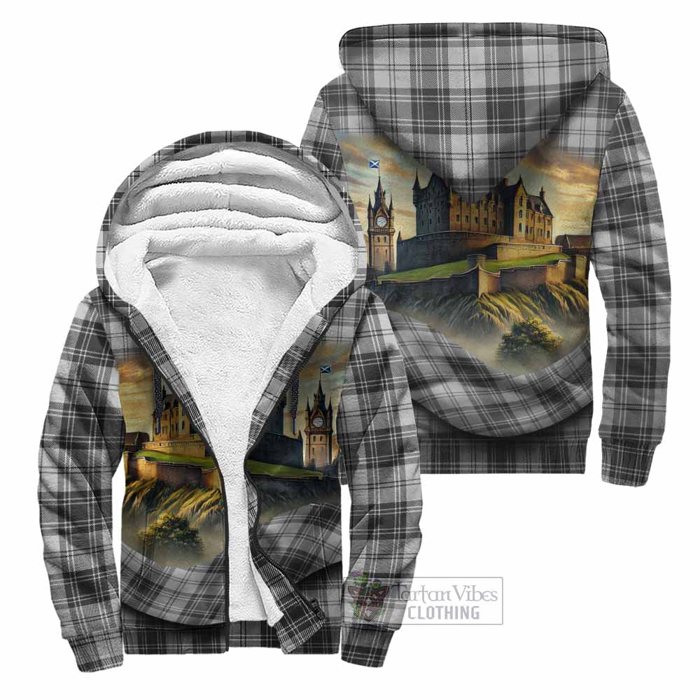 Glendinning Tartan Family Crest Sherpa Hoodie with Scottish Ancient Castle Style Unisex - Tartan Vibes Clothing