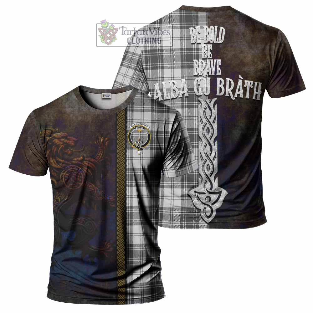 Tartan Vibes Clothing Glendinning Tartan Family Crest T-Shirt Alba Gu Brath Be Brave Lion Ancient Style